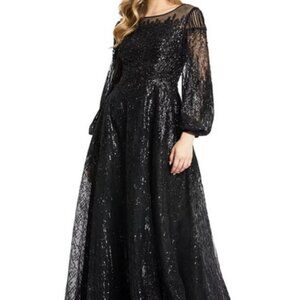 Mac Duggal Black Round Neck Long Puff Sleeve Sequin Gown
